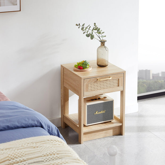 15.75" Rattan End table with  drawer,Modern nightstand, side table for living roon, bedroom,natural image