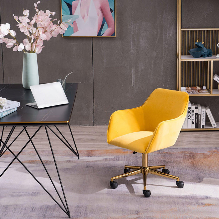 Modern Velvet Fabric Material Adjustable Height 360 Revolving Home Office Chair With Gold Metal Legs And Universal Wheels For Indoor,Yellow image
