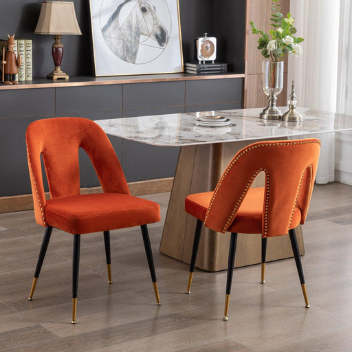 Akoya CollectionModern | Contemporary Velvet Upholstered Dining Chair with Nailheads and Gold Tipped Black Metal Legs, Orange，Set of 2 image