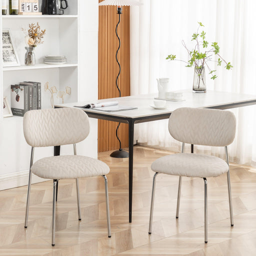 Velvet dining Chair Leaf grain ergonomic backrest Chair Silver metal legs Chair(Set of 2)（Beige） image