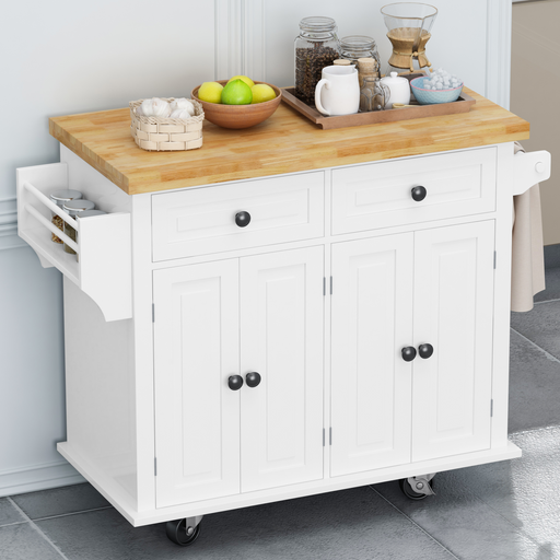 Kitchen Island Cart with TwoStorage Cabinets and Two Locking Wheels，43.31 Inch Width，4 Door Cabinet and Two Drawers，Spice Rack, Towel Rack （White） image
