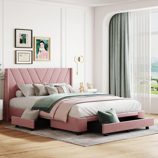 Queen SizeStorage Bed Linen Upholstered Platform Bed with 3 Drawers (Pink) image
