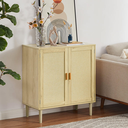 Mid-Century 2-Door Accent Chest, WoodStorage Cabinet with Shelf and Fabric Covered Panels（Natural，31.5''w x 15.8''d x 34.6"h）. image