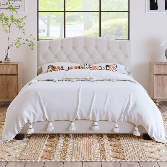 Upholstered Platform Bed with Saddle Curved Headboard and Diamond Tufted Details, Queen, Beige image