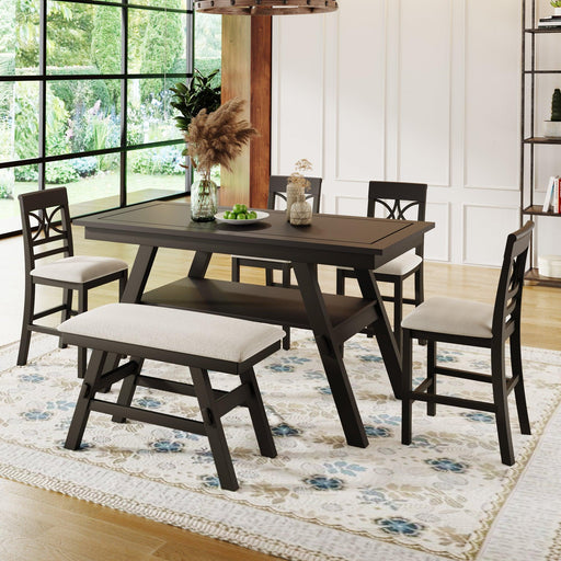 6-Piece Wood Counter Height Dining Table Set withStorage Shelf, Kitchen Table Set with Bench and 4 Chairs,Rustic Style,Espresso+Beige Cushion image