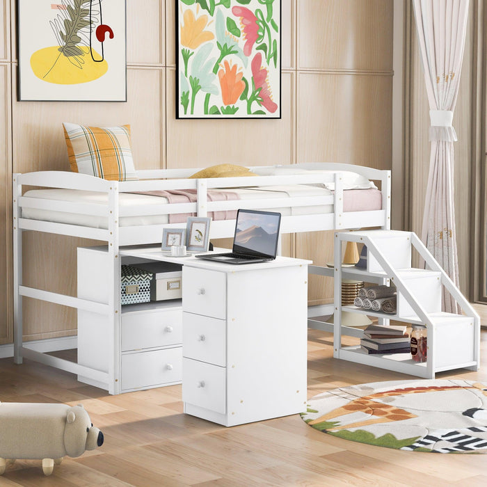 Twin Size Loft Bed with Multifunctional Movable Built-in Desk and and Staircase,White image