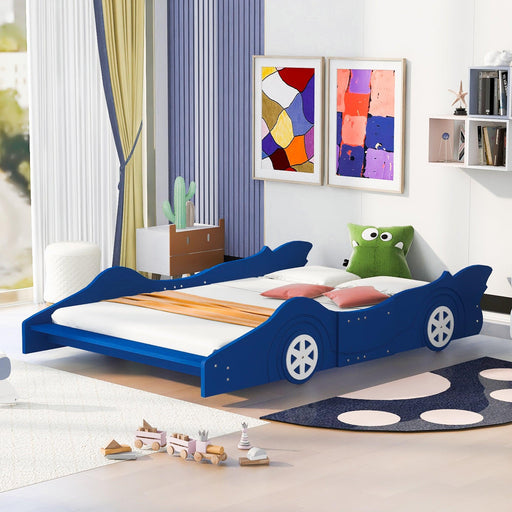 Full Size Race Car-Shaped Platform Bed with Wheels,Blue image