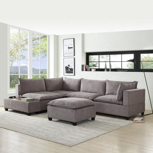Madison Light Gray Fabric 6 Piece Modular Sectional Sofa with Ottoman and USBStorage Console Table image