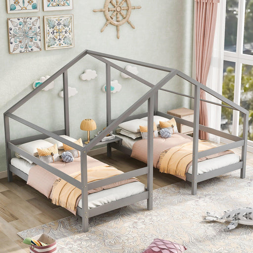Double Twin Size Triangular House Beds with Built-in Table,Gray image
