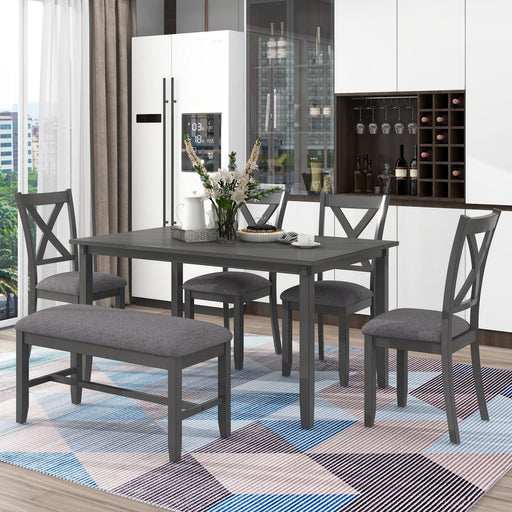 6-Piece Kitchen Dining Table Set Wooden Rectangular Dining Table, 4 Fabric Chairs and Bench Family Furniture (Gray) image