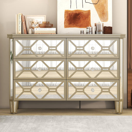 Elegant Mirrored 6-Drawer Dresser with Golden LinesStorage Cabinet for Living Room, Hallway, Entryway image