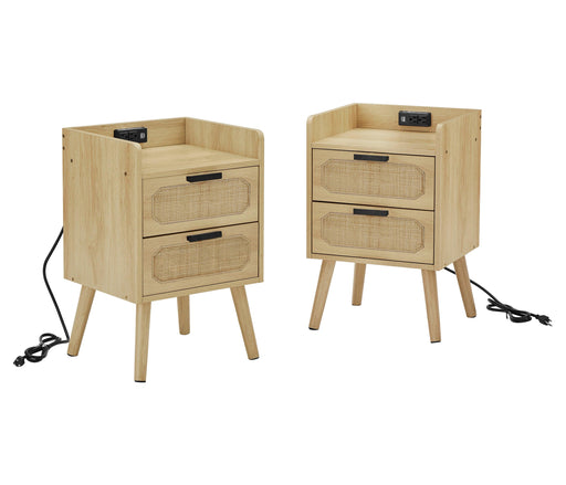Rattan nightstand with socket side table natural handmade rattan（2PC,Natural ,15.55’’W*13.78’’D*23.82’’H） image