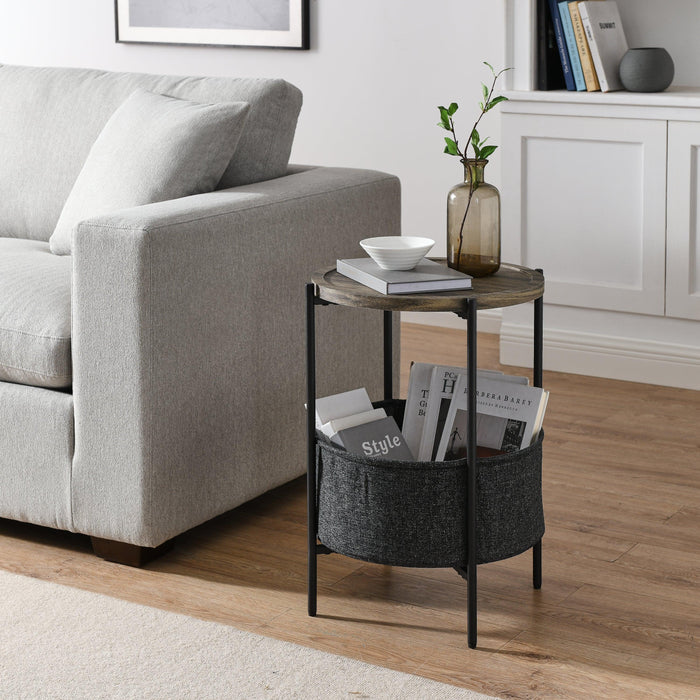 Modern Accent End Table withStorage Basket，Grey Cloth Bag and Brown Top （18“x18”x24“） image