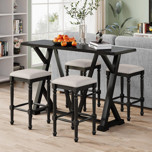 Mid-century Counter Height 5-Piece Dining Set, Wood Console Table with Trestle Legs and 4 Stools for Small Places, Black image