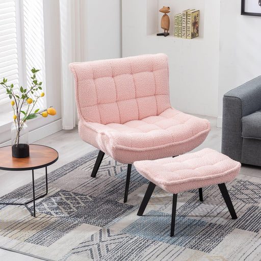 Modern Soft Teddy Fabric Material Large Width Accent Chair Leisure Chair Armchair TV Chair Bedroom Chair With Ottoman Black Legs For Indoor Home And Living Room,Pink image