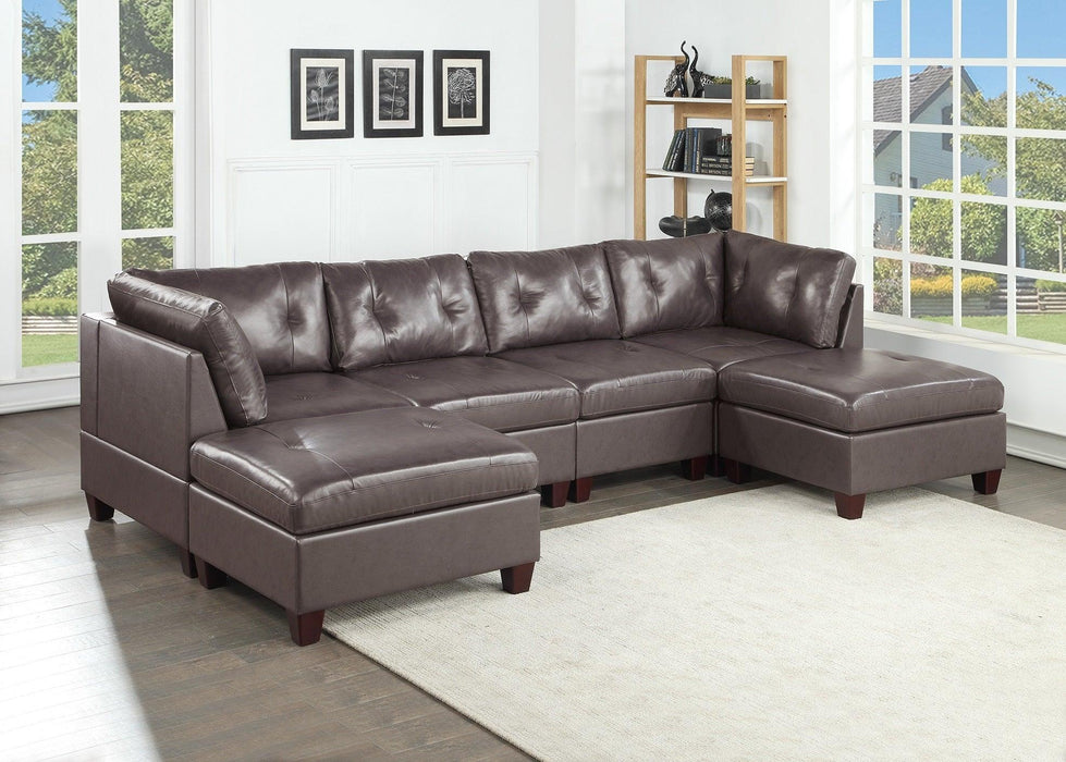 Genuine Leather Dark Coffee Tufted 6pc Sectional Set 2x Corner Wedge 2x Armless Chair 2x Ottomans Living Room Furniture Sofa Couch image