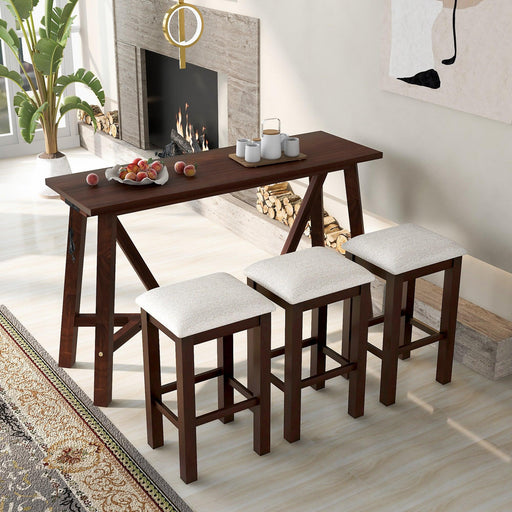 Multipurpose Home Kitchen Dining Bar Table Set with 3 Upholstered Stools(Dark Walnut) image