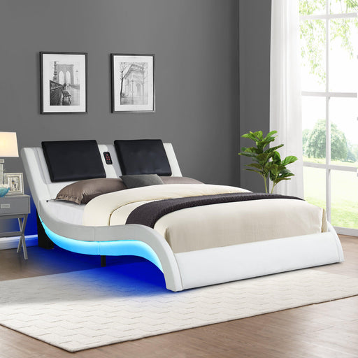 Faux Leather Upholstered Platform Bed Frame with led lighting ,Bluetooth connection to play music  control，Backrest vibration massage，Curve Design, Wood Slat Support, No Box Spring Needed,King image