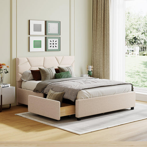 Full Size Upholstered Platform Bed with Brick Pattern Heardboard and 4 Drawers, Linen Fabric, Beige image