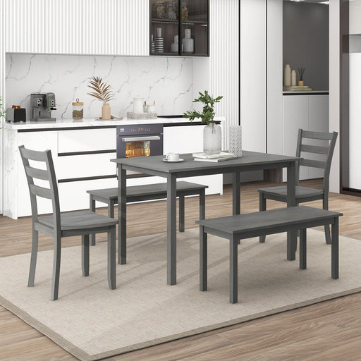 5-piece Wooden Dining Set, Kitchen Table with 2 Dining Chairs and 2 Benches, Farmhouse Rustic Style, Gray image