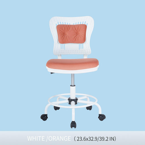 Home Office Desk Chair,Drafting Chair,Height Adjustable Rolling Chair, Armless CuteModern Task Chair for Make Up and Teens Homework,White+Orange image