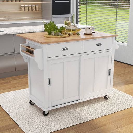 Kitchen Cart with Rubber wood Drop-Leaf Countertop, Concealed sliding barn door adjustable height,Kitchen Island on 4 Wheels withStorage Cabinet and 2 Drawers,L52.2xW30.5xH36.6 inch, White image
