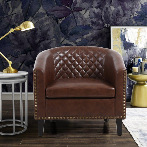 accent Barrel chair living room chair with nailheads and solid wood legs  Brown pu leather image