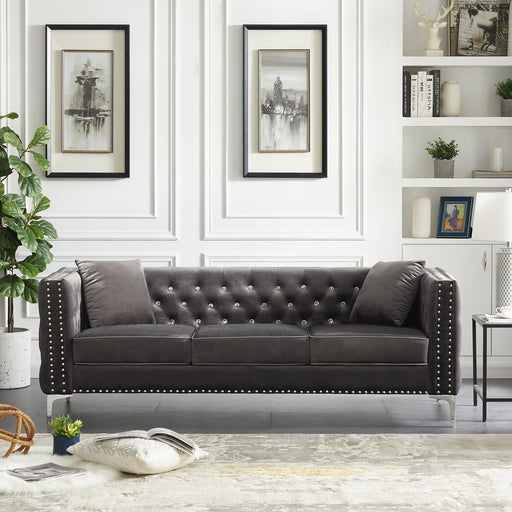 82.3" WidthModern Velvet Sofa Jeweled Buttons Tufted Square Arm Couch Grey,2 Pillows Included image