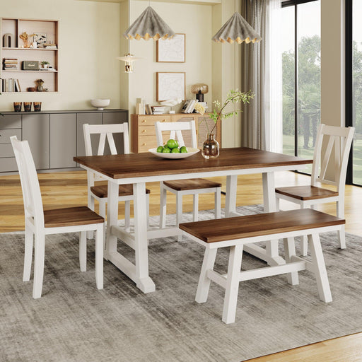 6-Piece Wood Dining Table Set Kitchen Table Set with Long Bench and 4 Dining Chairs, Farmhouse Style, Walnut+White image
