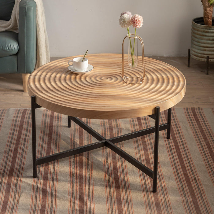 33"Modern Thread Design Round Coffee Table ,  MDF  Table Top with Cross Legs Metal Base image