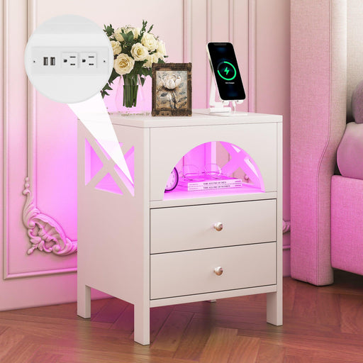 Nightstand with USB Charging Ports and LED Lights,End Table with 2 Drawers and Shelf,White image