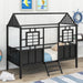 Twin Size Metal Low Loft House Bed with Roof and Two Front Windows , Black image