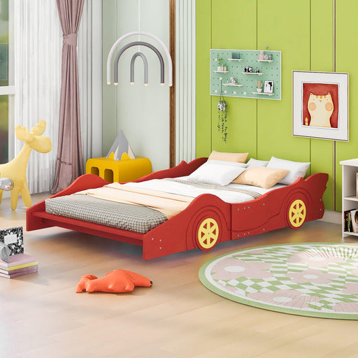 Full Size Race Car-Shaped Platform Bed with Wheels,Red image