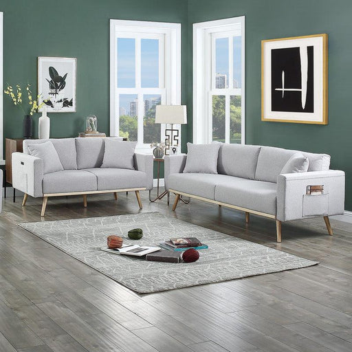 Easton Light Gray Linen Fabric Sofa Loveseat Living Room Set with USB Charging Ports Pockets & Pillows image