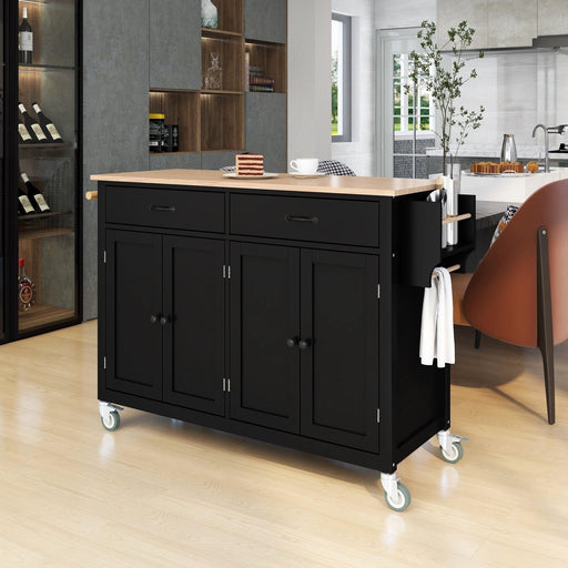 Kitchen Island Cart with Solid Wood Top and Locking Wheels，54.3 Inch Width，4 Door Cabinet and Two Drawers，Spice Rack, Towel Rack （Black） image