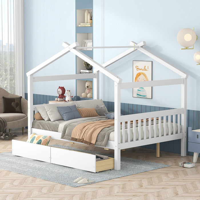 Full Size Wooden House Bed with Drawers, White image