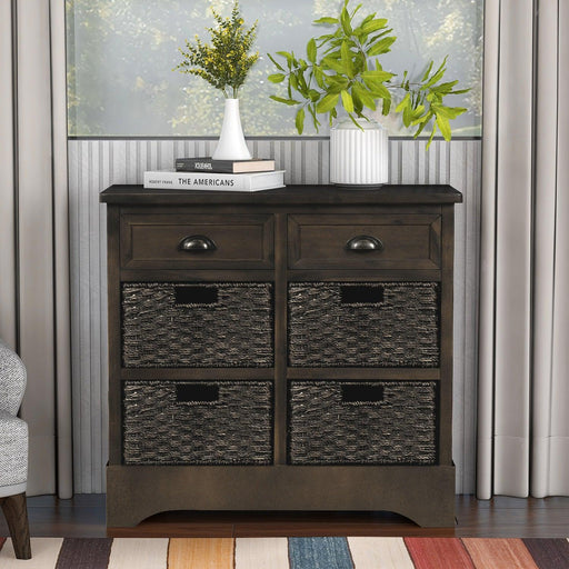 RusticStorage Cabinet with Two Drawers and Four  Classic Rattan Basket for Dining Room/Living Room (Brown Gray) image