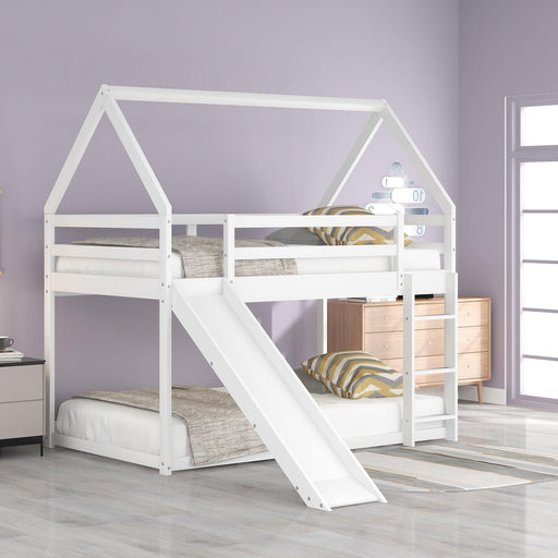 Twin Size Bunk House Bed with Slide and Ladder,White image