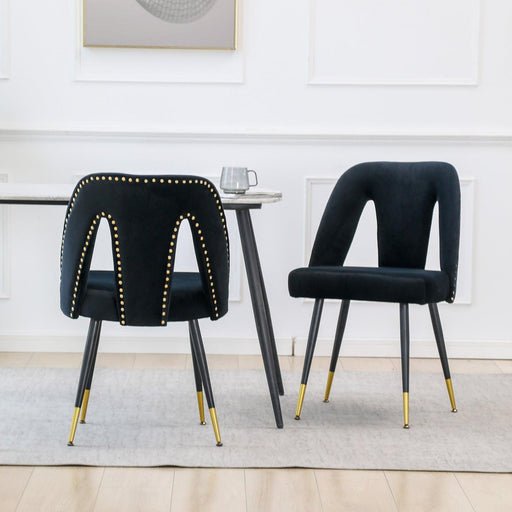 Akoya CollectionModern | Contemporary Velvet Upholstered Dining Chair with Nailheads and Gold Tipped Black Metal Legs,Black，Set of 2 image