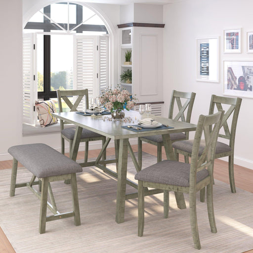 6 Piece Dining Table Set Wood Dining Table and chair Kitchen Table Set with Table, Bench and 4 Chairs, Rustic Style, Gray image