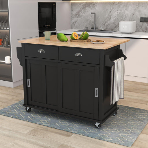 Kitchen Cart with Rubber wood Drop-Leaf Countertop, Concealed sliding barn door adjustable height,Kitchen Island on 4 Wheels withStorage Cabinet and 2 Drawers,L52.2xW30.5xH36.6 inch, Black image
