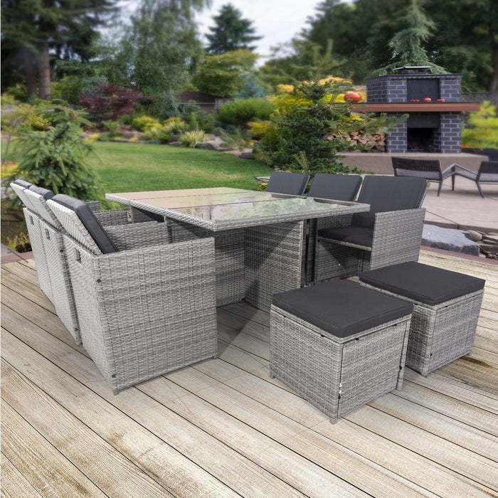 11 Pieces Patio Dining Sets Outdoor Space Saving Rattan Chairs with Glass Table Patio Furniture Sets Cushioned Seating and Back Sectional Conversation Set Grey image