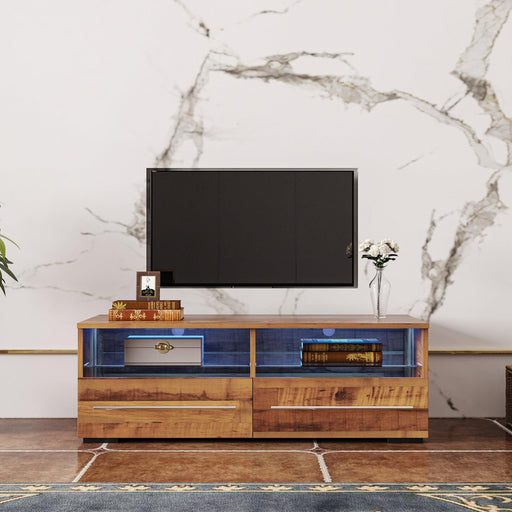The Wood grain color TV cabinet has two drawers with color-changing light strips image