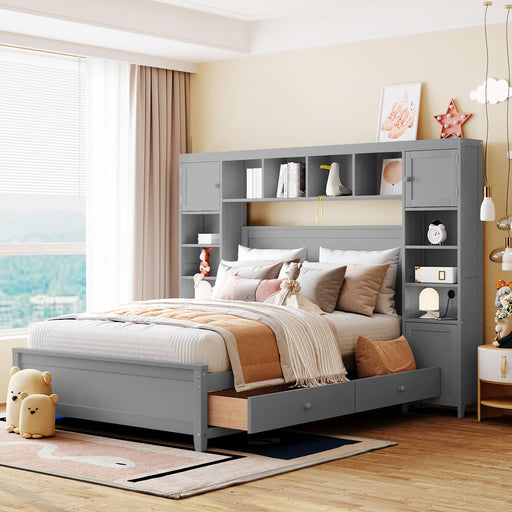 Full Size Wooden Bed With All-in-One Cabinet and Shelf, Gray image