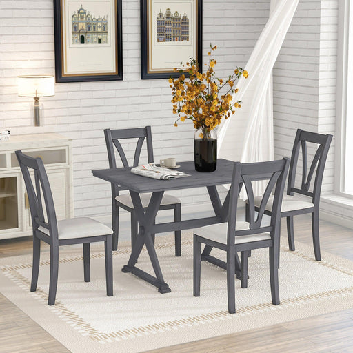 Mid-Century Wood 5-Piece Dining Table Set with 4 Upholstered Dining Chairs for Small Places, Antique Grey image