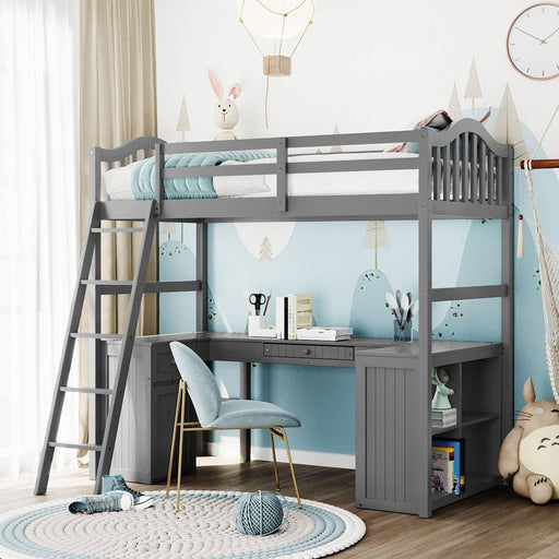 Twin size Loft Bed with Drawers, Cabinet, Shelves and Desk, Wooden Loft Bed with Desk - Gray image