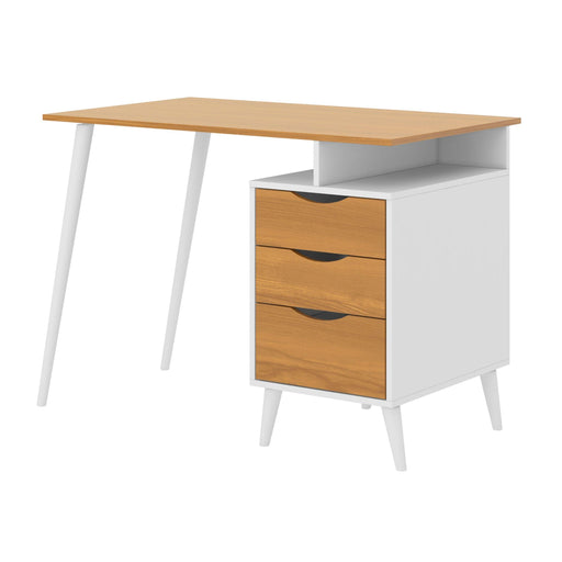 Wooden Office Computer Desk with Angled Legs & Attached File Cabinet, White & Brown image