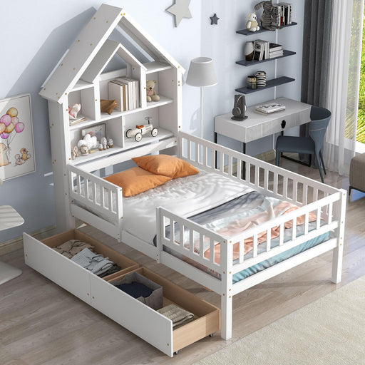 Twin Size House-Shaped Headboard Bed with Fence Guardrails and Drawers ,White image