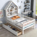 Twin Size House-Shaped Headboard Bed with Fence Guardrails and Drawers ,White image