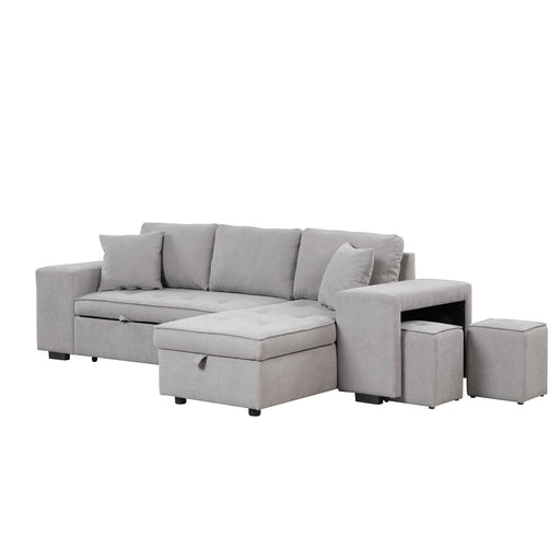104" Pull Out Sleeper Sofa Reversible L-Shape 3 Seat Sectional Couch withStorage Chaise and 2 Stools for Living Room Furniture Set,Gray image